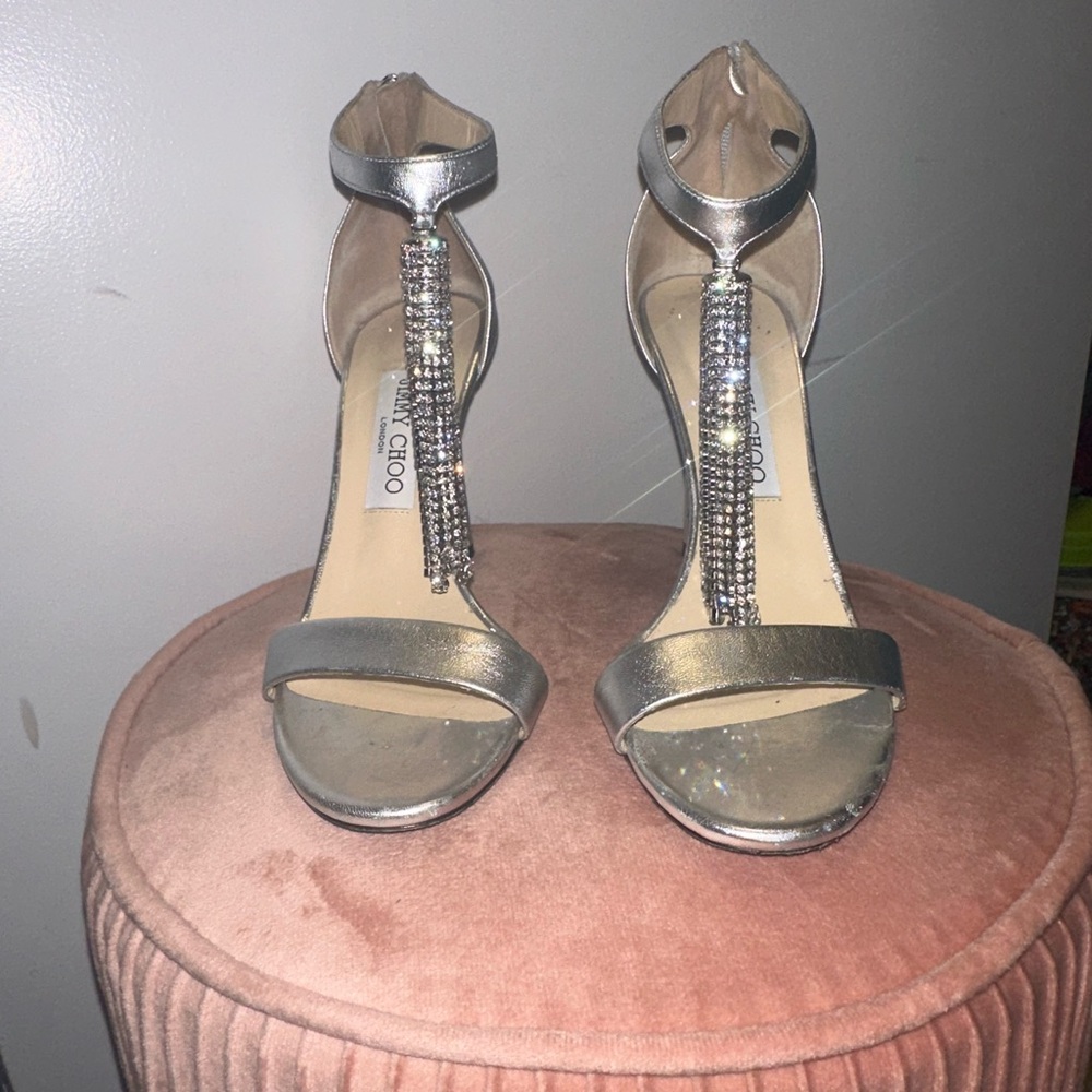 Authentic Jimmy Choo Silver Heels with Dangle Rhinestones Women's Heels 8